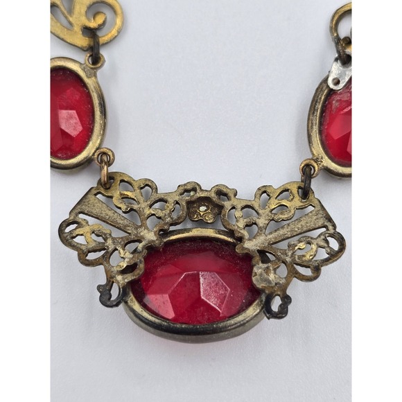 Antique Brass Filigree Necklace Red Glass Stones Art Deco Nouveau Style - Picture 11 of 16